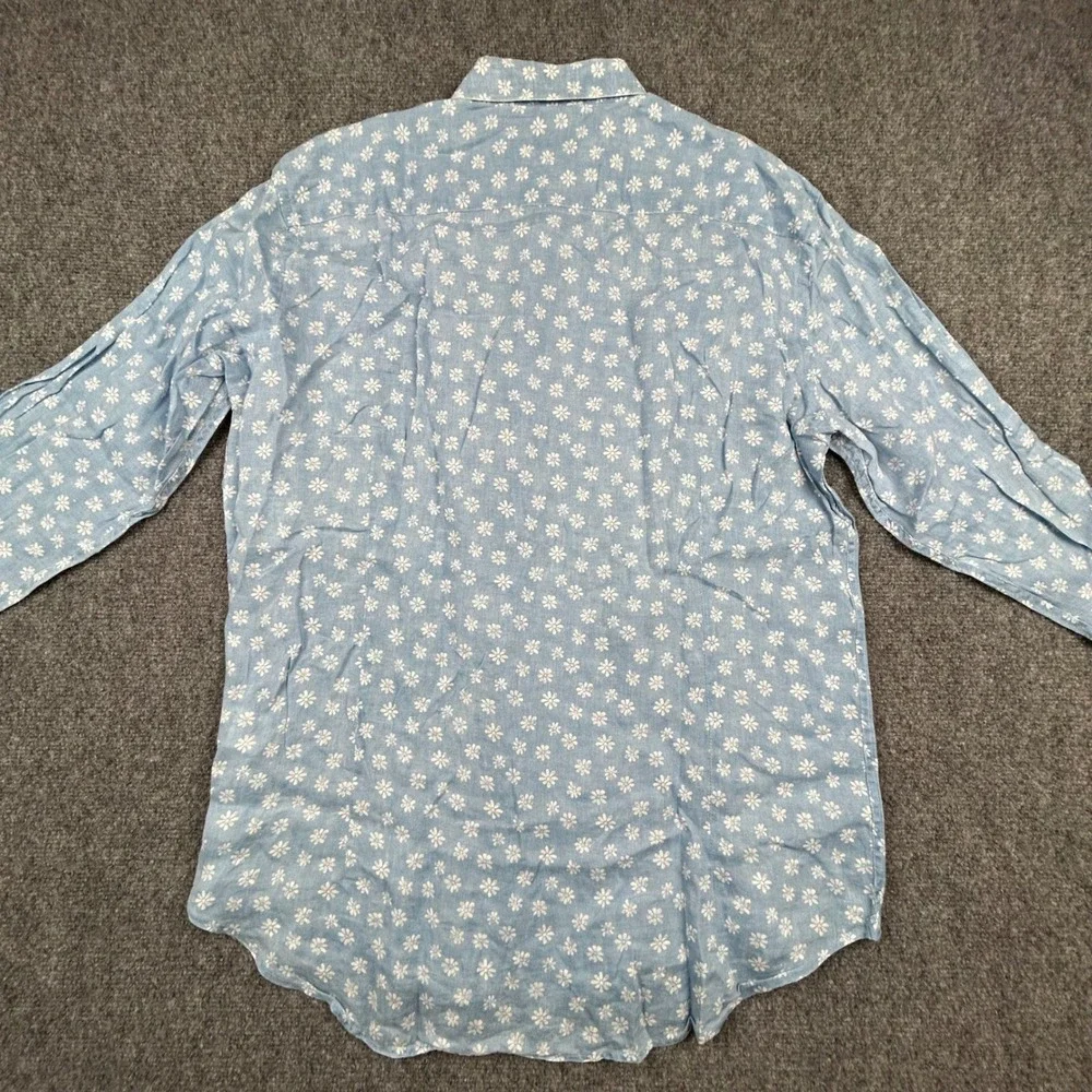 Saks Fifth Avenue Shirt Mens L Light Blue Daisy Floral 100% Linen Button Up - Picture 3 of 10